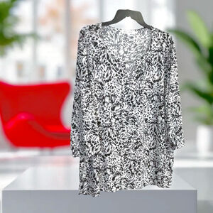 Emily Daniels Black & White Abstract Print w Silver Sequins Blouse Women Size 3X